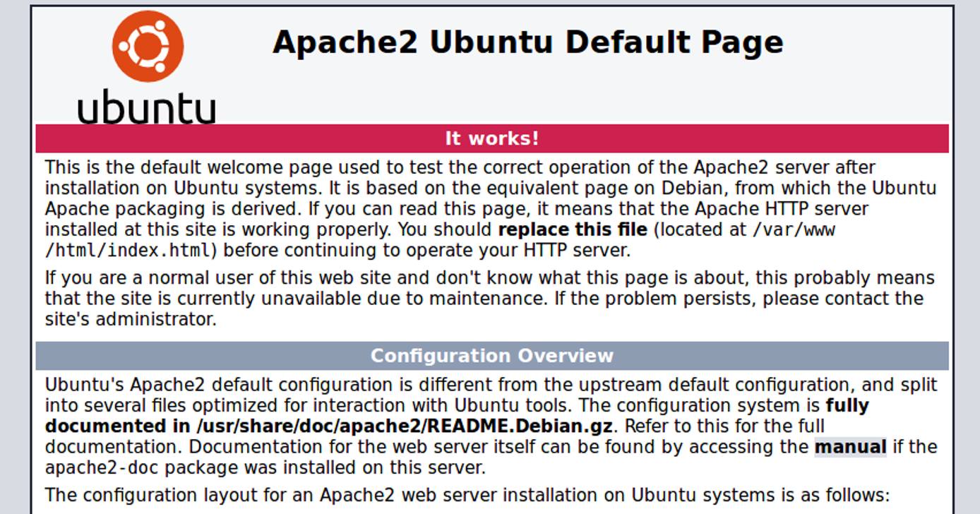 Web page of Apache server running in a container